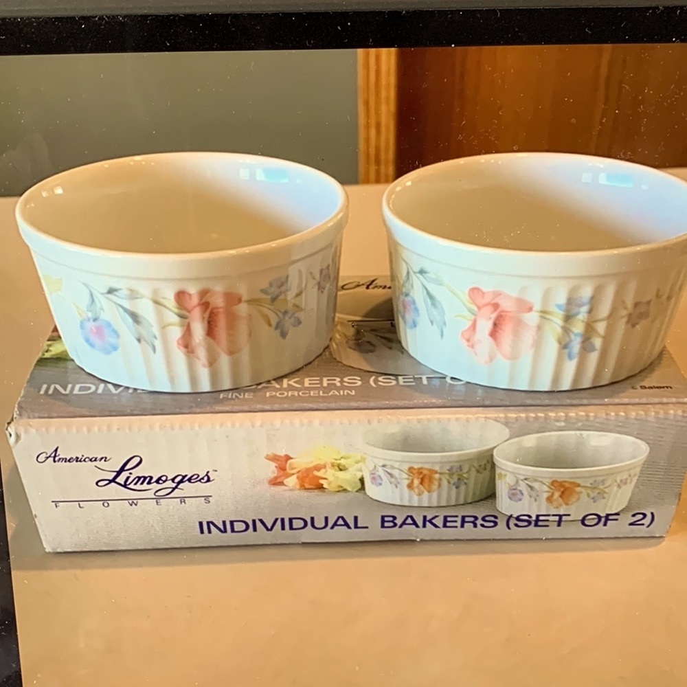 American Limoges Flowers Individual Bakers Set of 2